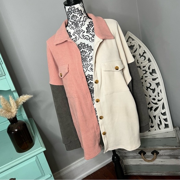 Jackets & Blazers - Corduroy Color Block Shacket Size XL Boho Bohemian Oversized Shirt Jacket